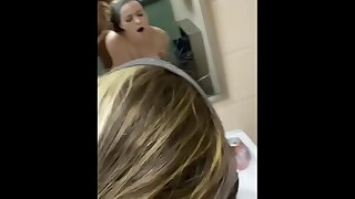 Cute girl gets bent quit public bathroom sink